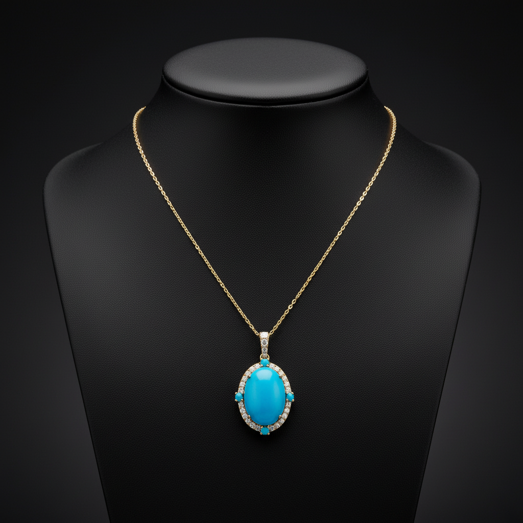 CP97321TQ14X10. 18K Solid Gold Diamond & Turquoise Pendant