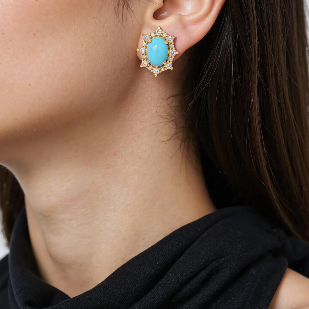 CE96209TQ6X4. 14k Solid Gold Diamond and Turquoise Stud Earrings
