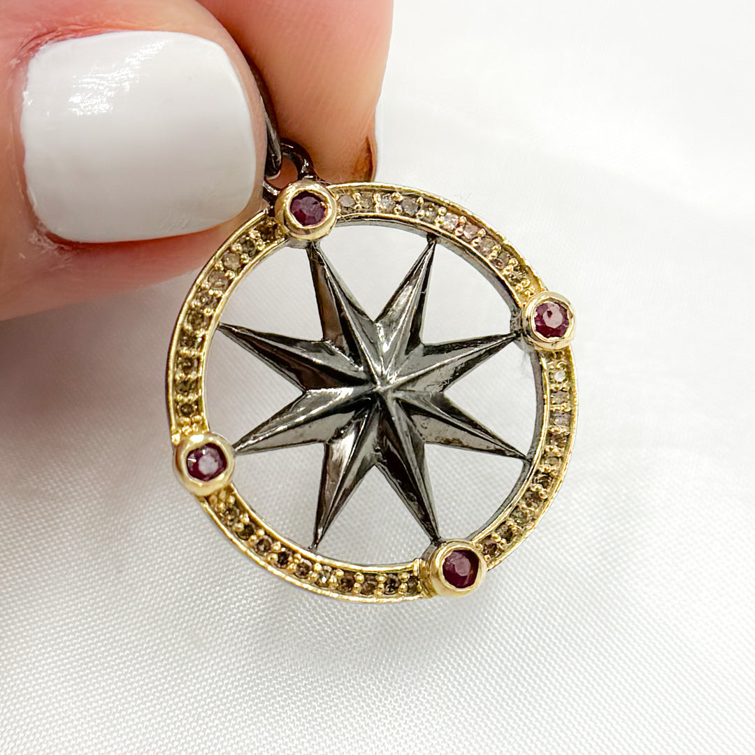 DP696. Diamond Sterling Silver Round Star Pendant with Gemstone