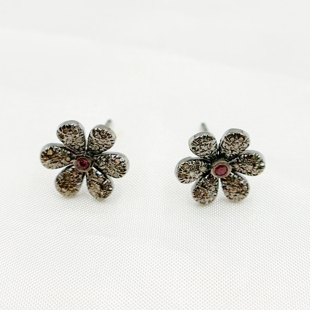 DE058. Diamond and Gemstones Sterling Silver Flower Studs