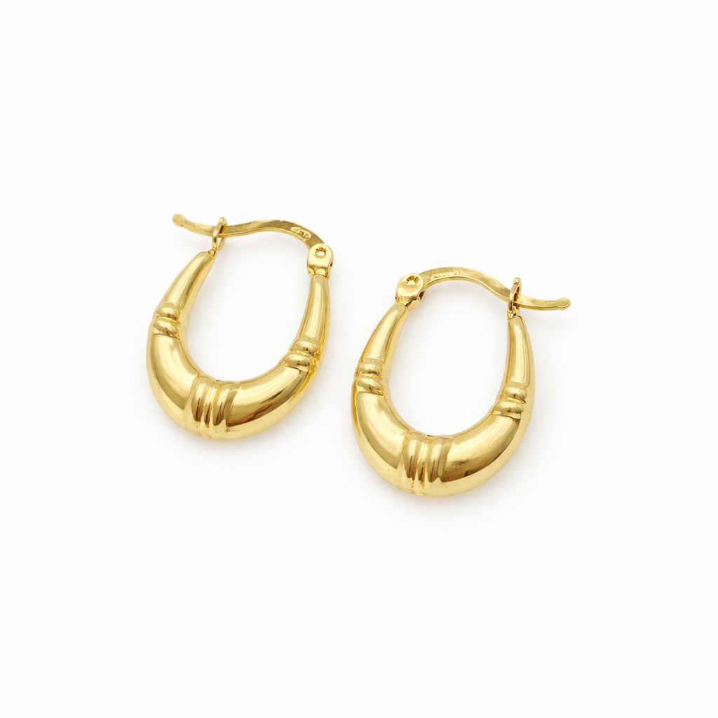 GER179. 14K Solid Gold Textured Hollow Hoops Earrings