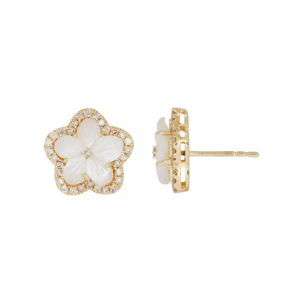 EFG53063PL. 14K Solid Gold Diamond Mother of Pearl Flower Studs Earrings