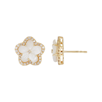 EFG53063PL. 14K Solid Gold Diamond Mother of Pearl Flower Studs Earrings