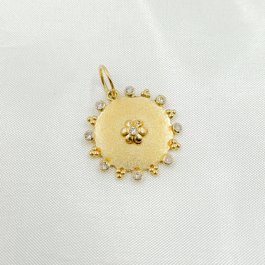 14K Solid Gold Circle Charm with Flower in the Center in Diamond and Gemstones. GDP525