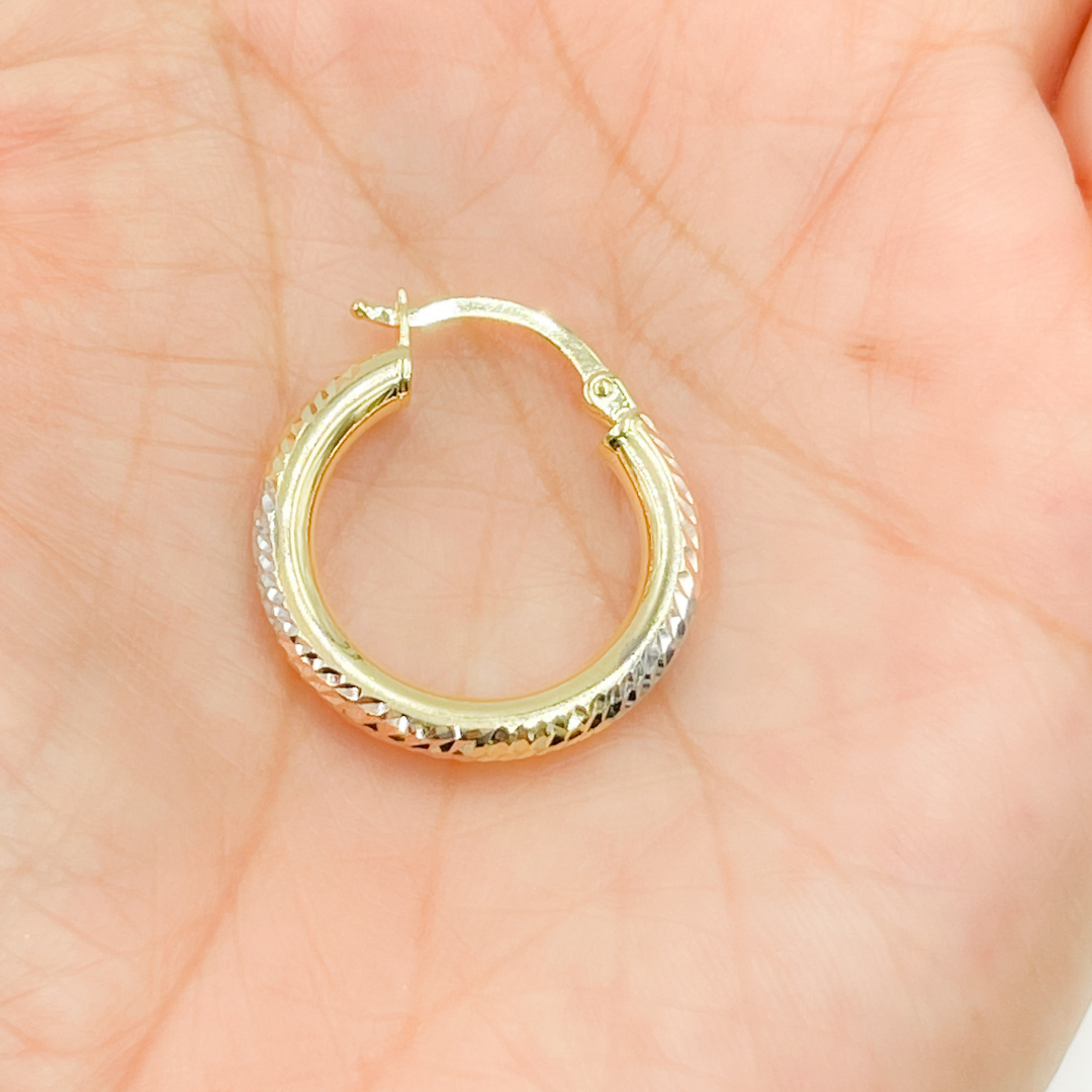 GER77. 14K Tri-Color Gold Diamond-Cut Hollow Hoop Earrings