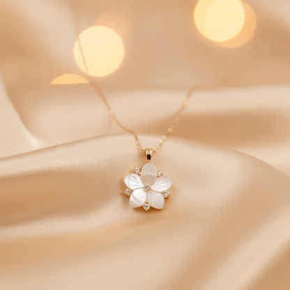 PFC32904PL. 14K Solid Gold Diamond Mother of Pearl Flower Necklace