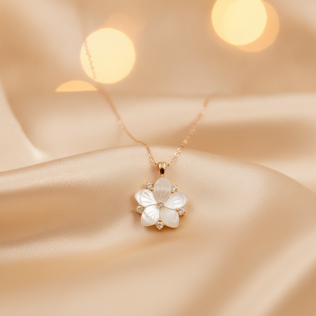 PFC32904PL. 14K Solid Gold Diamond Mother of Pearl Flower Necklace