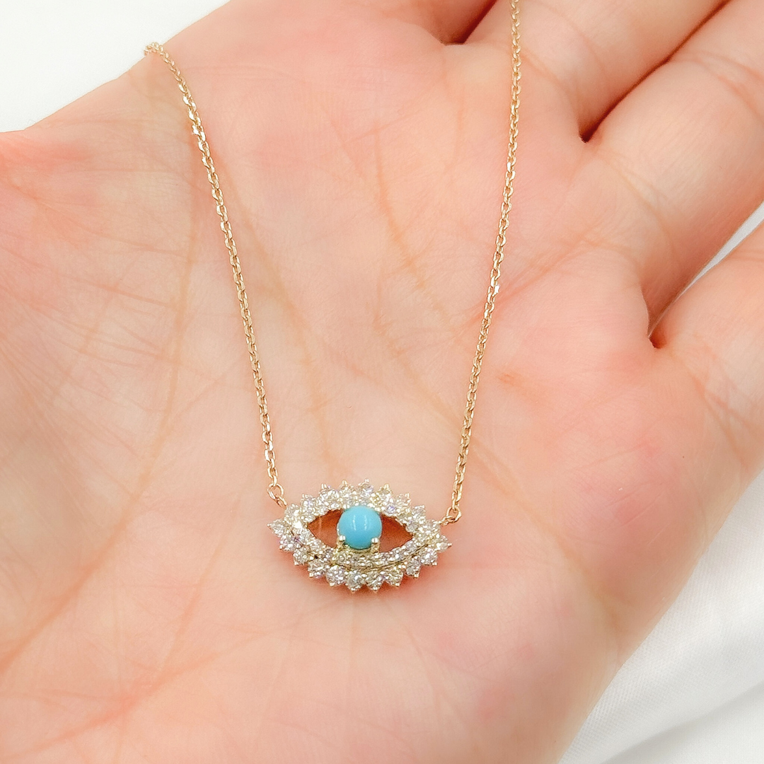 14K Solid Gold Diamond and Turquoise Eye Necklace. NFG71492TQ