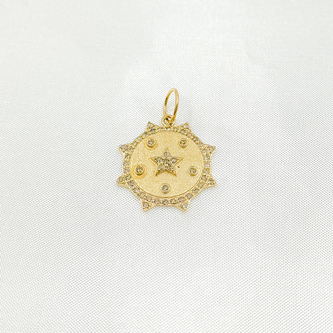 14K Solid Gold Diamond Sun Shape Charm with Star in the Center in Gemstones. GDP547