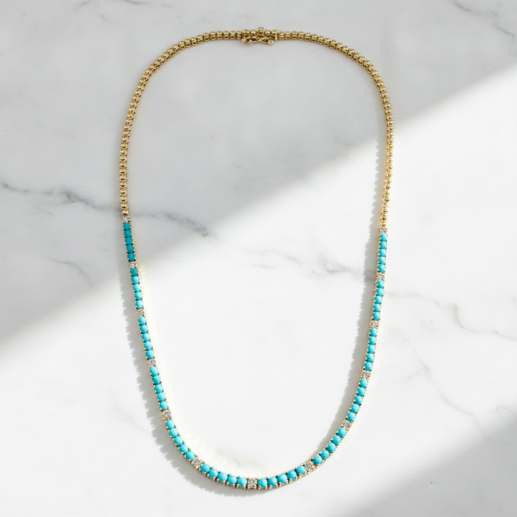 NFJ72366TQ. 14K Solid Gold Turquoise and Diamond Tennis Necklace