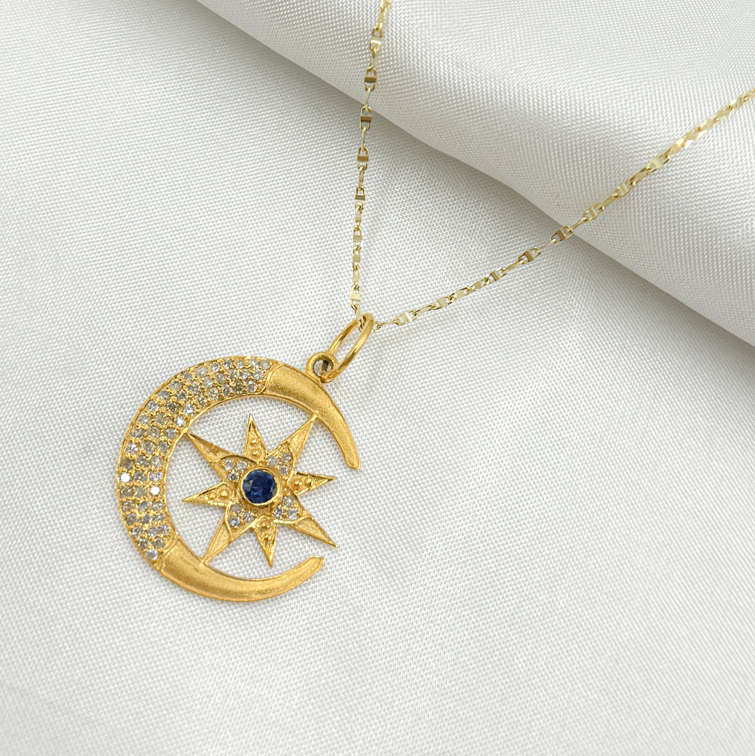 14k Solid Gold Moon and Star Diamond and Blue Sapphire Charm. GDP304