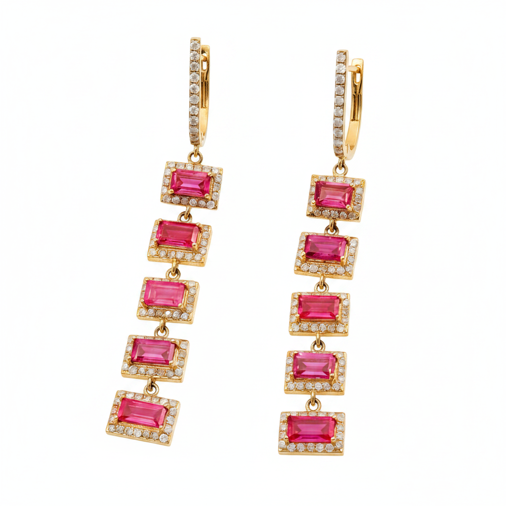 GDT501RB. 14k Solid Gold Diamond and Ruby Dangle Earrings