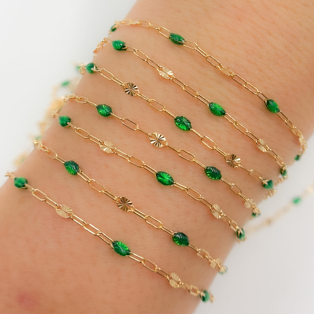 V295GRGF. 14K Gold Filled Green Color Enamel with Paperclip and Diamond Cut Marina Links