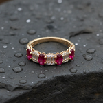 Load image into Gallery viewer, RAF01372RU. 14K Solid Yellow Gold width Half Diamond and Ruby Band Ring
