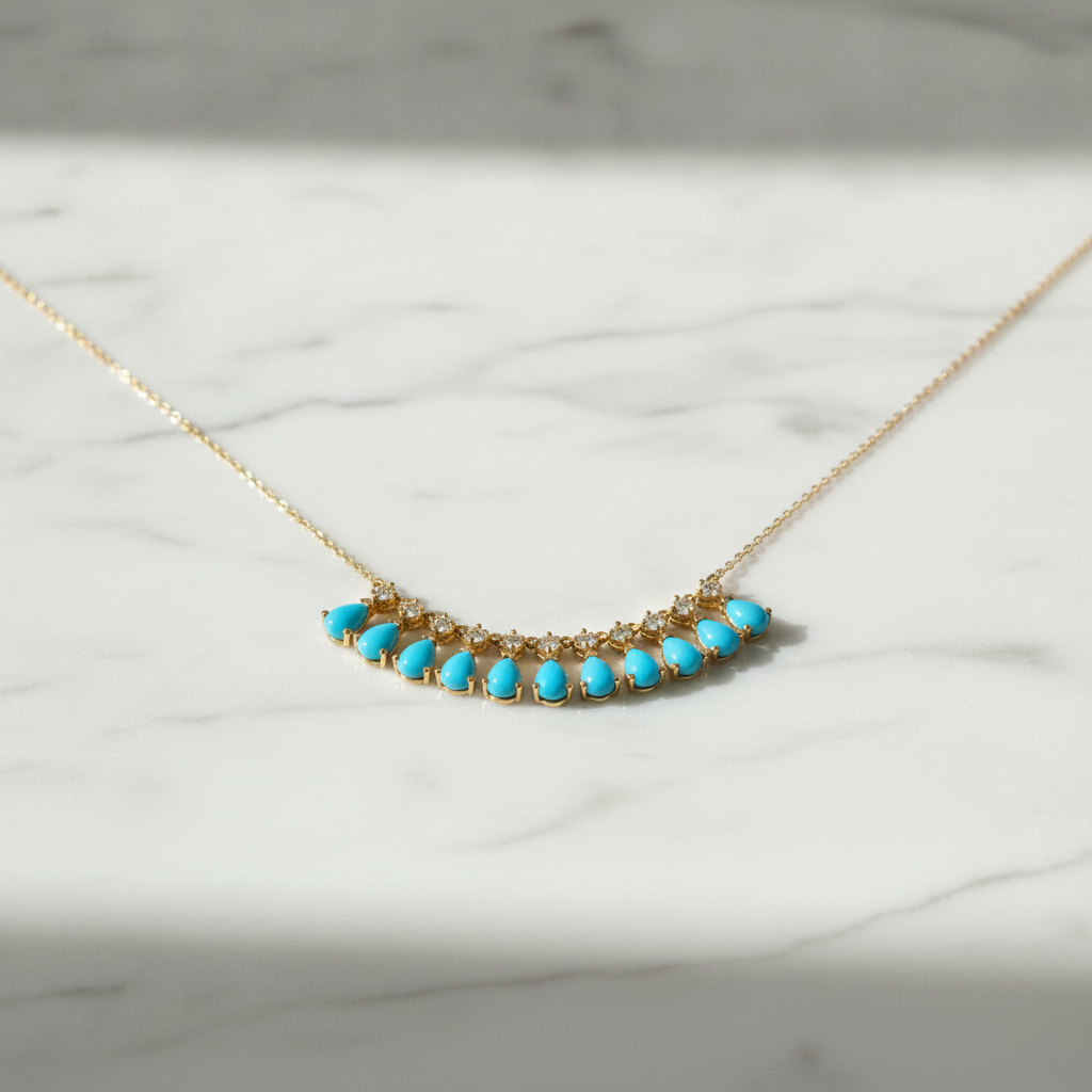 CN97255TQ6X4. 18K Solid Gold Diamond and Turquoise Necklace