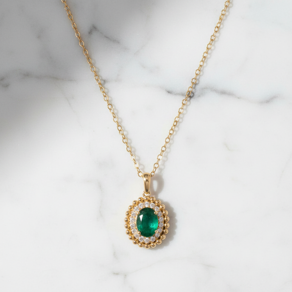 CP96735EM8X6. 18K Solid Gold Diamond & Emerald Pendant