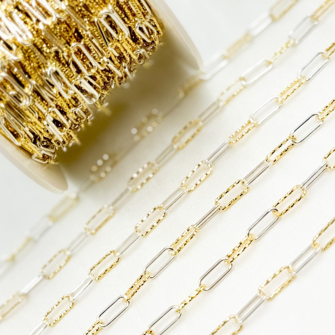 V32GS. Gold Plated 925 Sterling Silver Paperclip Smooth and Diamond Cut Link Chain