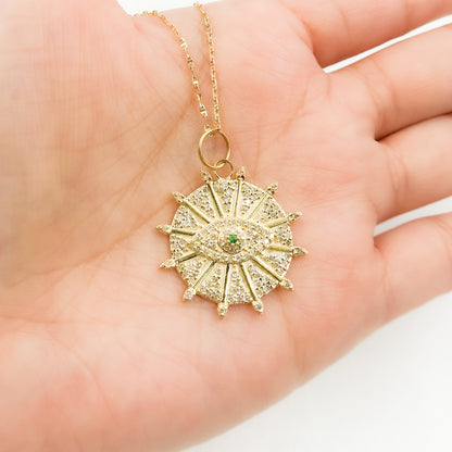 GDP655. 14K Solid Gold Diamond and Gemstone Circle Charm with Arrows and Evil Eye in the Center