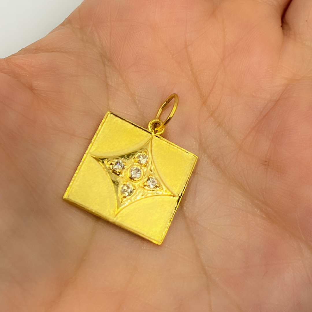 14K Solid Gold Charm Square Pendant with Diamonds. GDP335