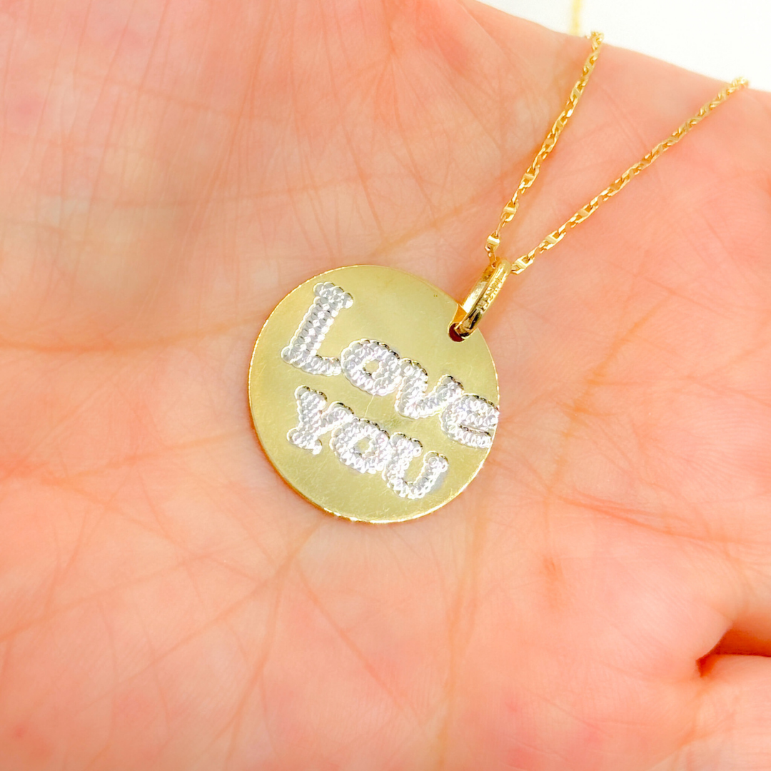 14k Solid Gold Love You Medallion Charm. GDP678