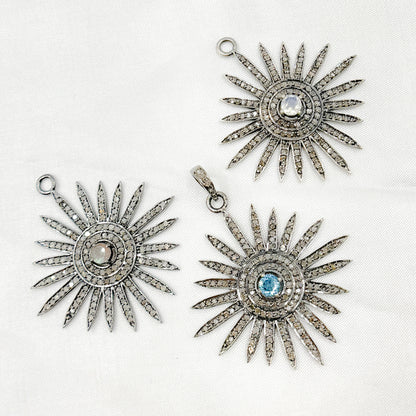 DP065. Diamond Sterling Silver Sun Pendant with Gemstone
