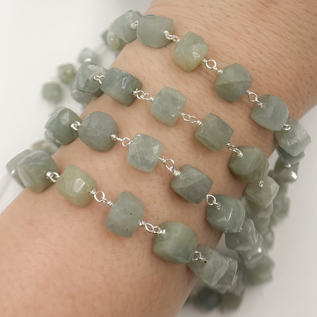 Shop Now Milky Aquamarine Cube Faceted Sterling Silver Wire Chain
