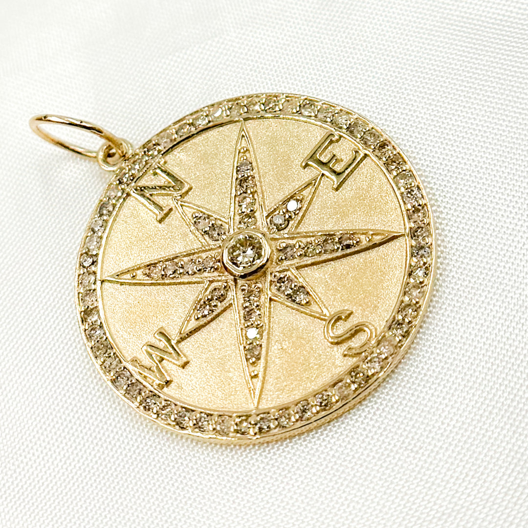 GDP107. 14K Solid Gold Diamond Round Compass Charm