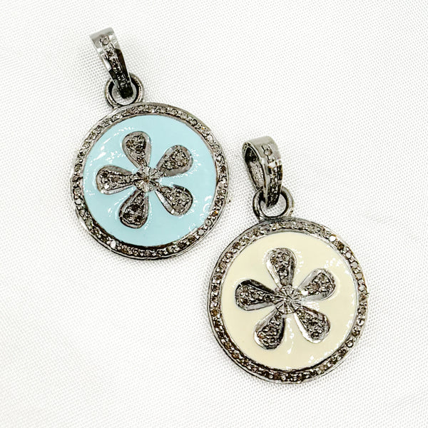 Diamond Sterling Silver Round Flower Enamel Pendant