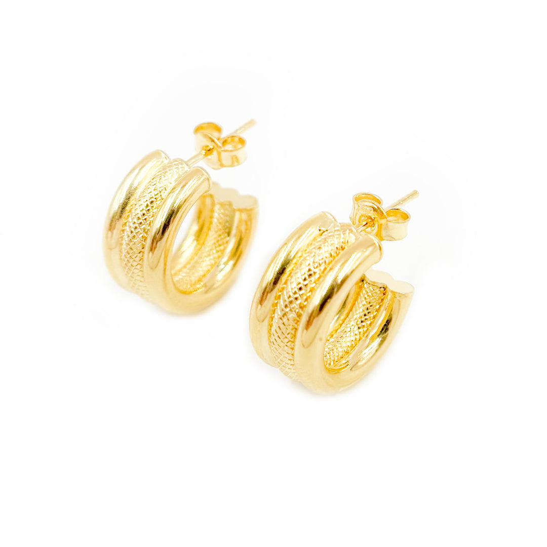 15850025518. 14K Solid Gold Smooth and Textured Triple Line Hollow Hoop Earrings