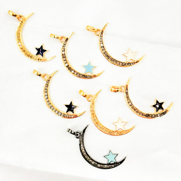 Diamond Sterling Silver Moon and Star Enamel Pendant