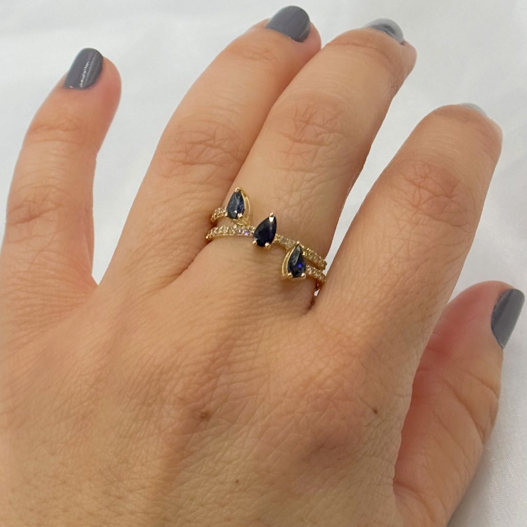 14k Solid Gold Blue Sapphire and Diamond 3 Drops Ring. GDR231