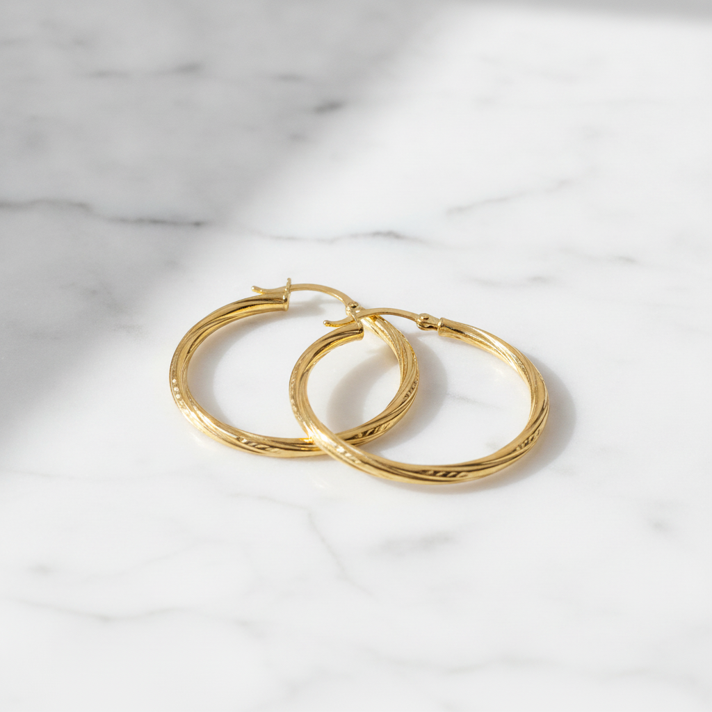 GER173. 14K Gold Hollow Hoop Earrings with Engraved Tornado Design