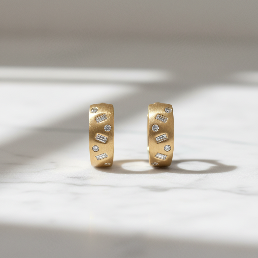 EHF57592. 14K Solid Yellow Matte Gold Diamond Hoop Earring