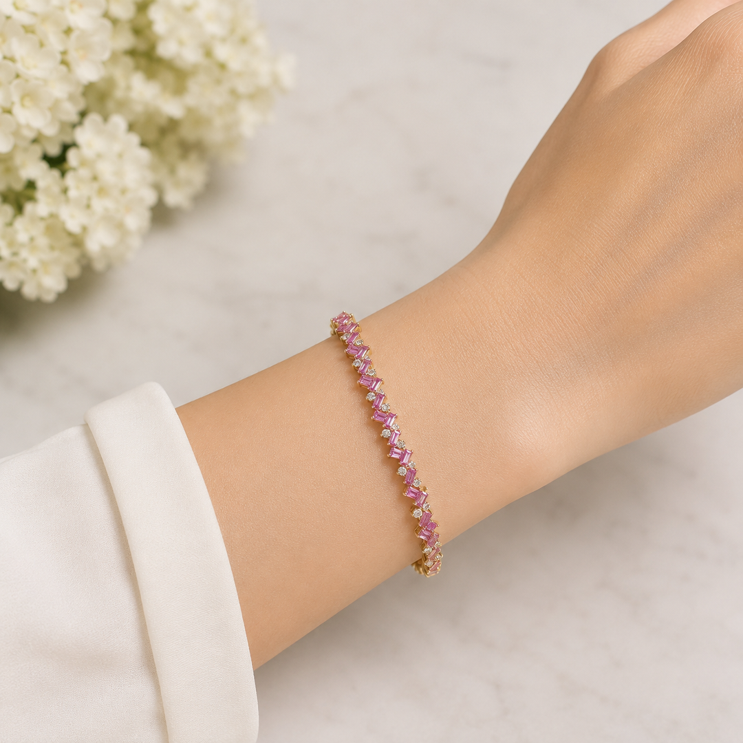 BNG68665PS. 14K Yellow Gold Baguette-Cut Pink Sapphire & Diamond Bangle