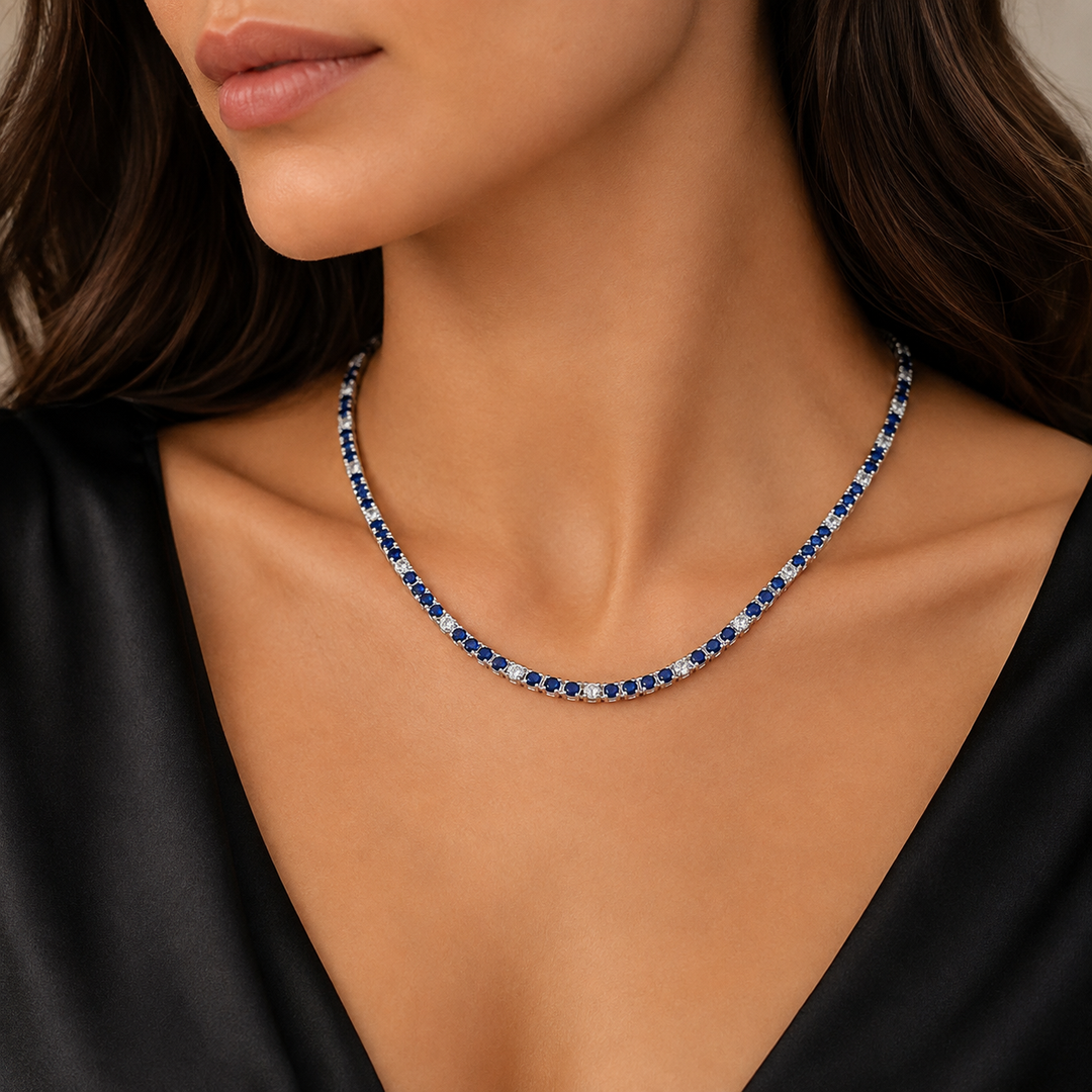 CN97385BS2. 14K Solid White Gold Diamond and Blue Sapphire Tennis Necklace