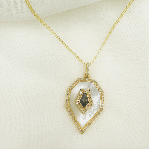 14K Solid Gold Diamonds and Mother Pearl Stone Charm