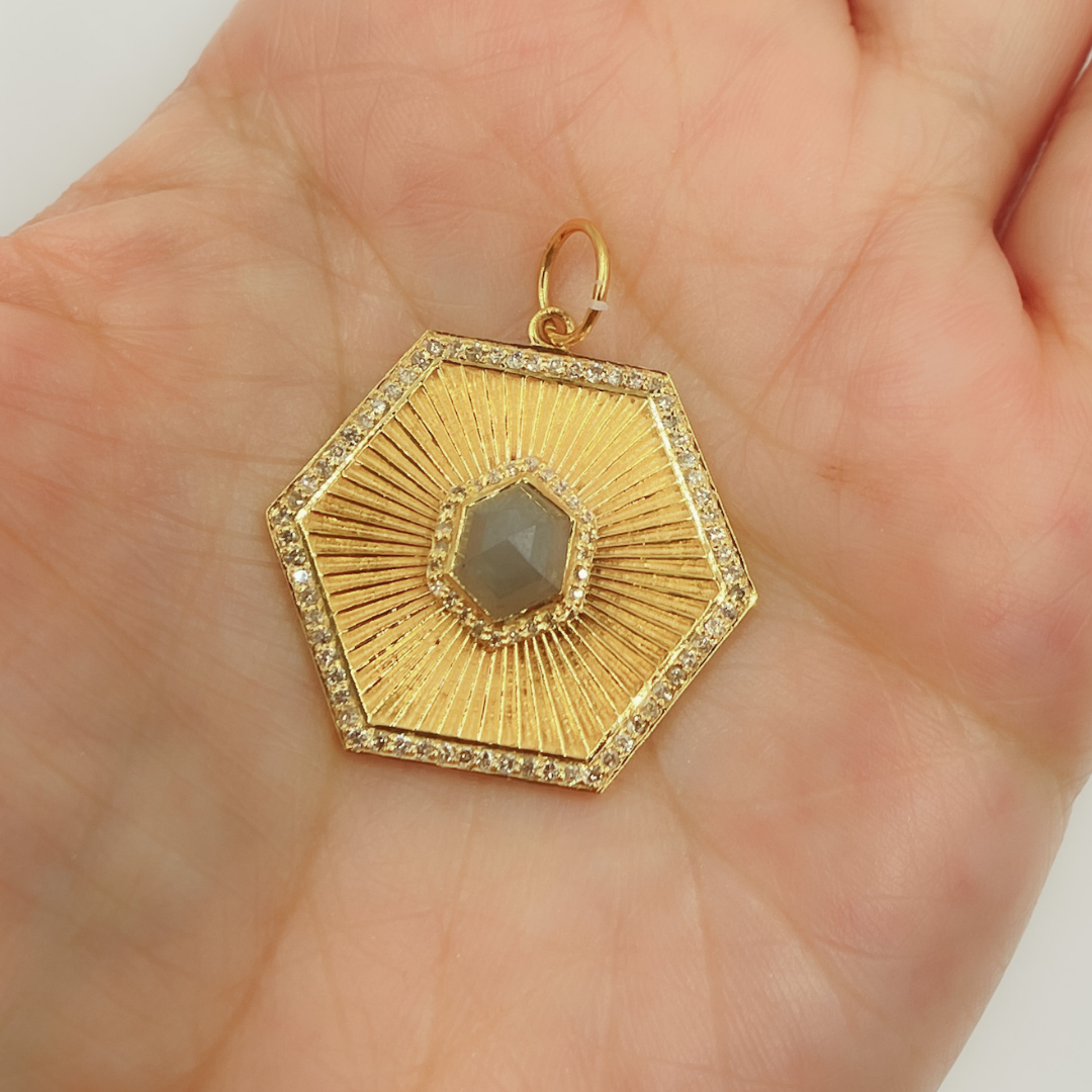 14K Solid Gold Hexagonal Charm with Diamonds. CGDP48