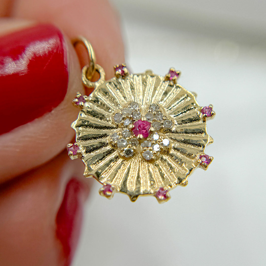 14k Solid Gold and Gemstone (Blue Sapphire and Ruby) Flower Charm. KG206