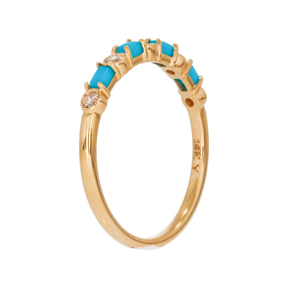 14K Solid Yellow Gold Diamond and Turquoise Band Ring