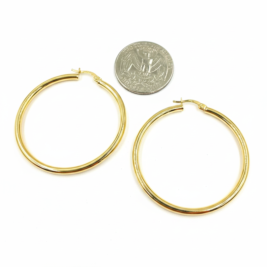 GER165. 14K Solid Gold Hollow Smooth Hoop
