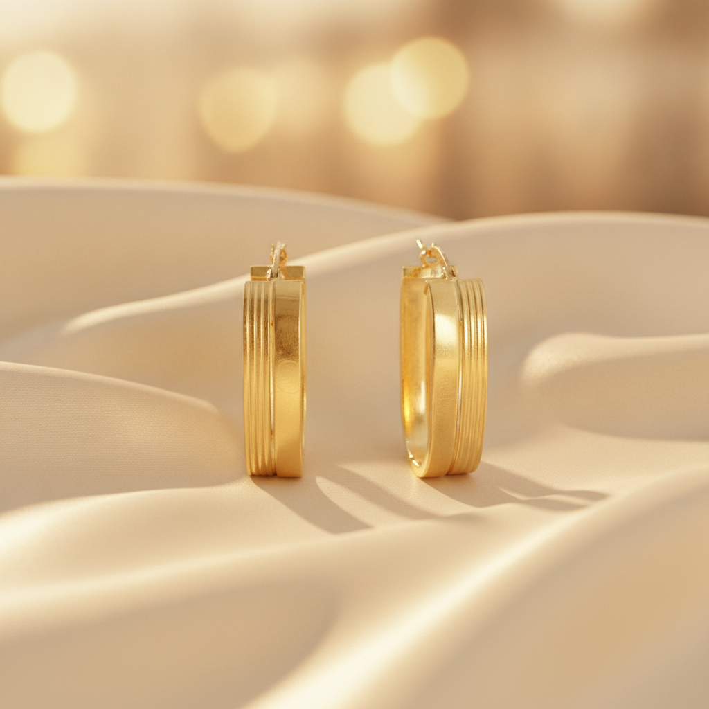 15850022147. 14K Solid Gold Smooth and Ribbed Rectangular Hollow Hoop Earrings