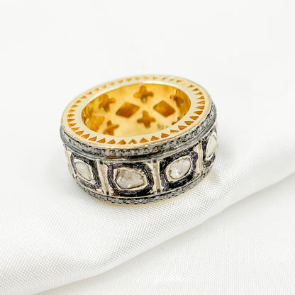 DE012. Diamond Two-Tone Sterling Silver Ring with Polki Diamond