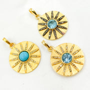 DSP067. Diamond Sterling Silver Round Sun Pendant with Gemstone