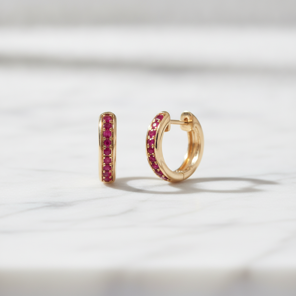 EHZ56598RU. 14K Solid Yellow Gold Ruby Huggies