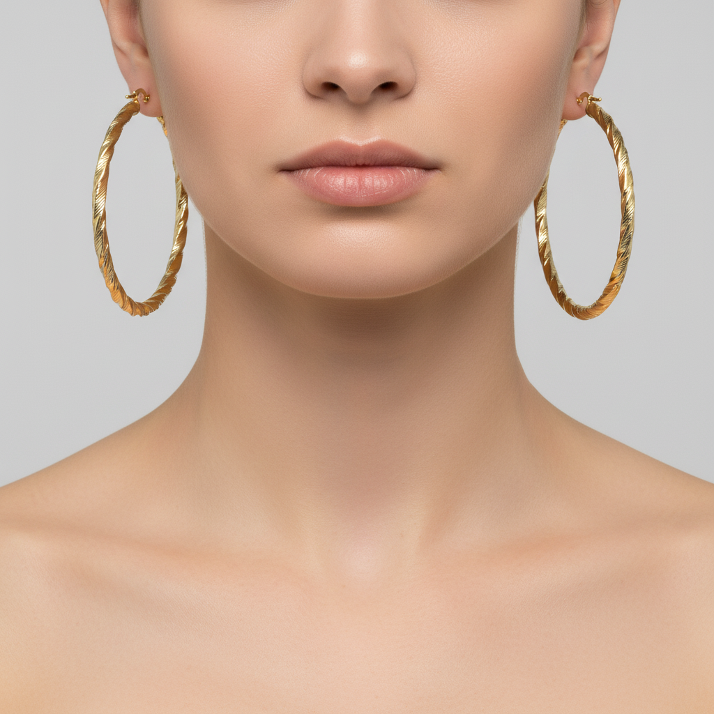 GER54. 14K Solid Gold Twist Round Hollow Hoop Earrings