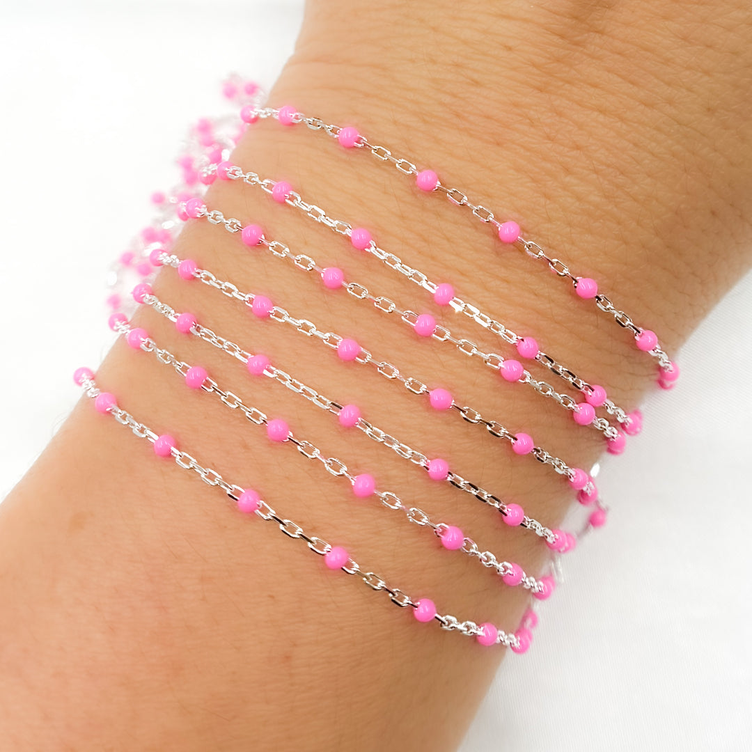 V203PKSS.  Sterling Silver Pink Color Enamel Chain