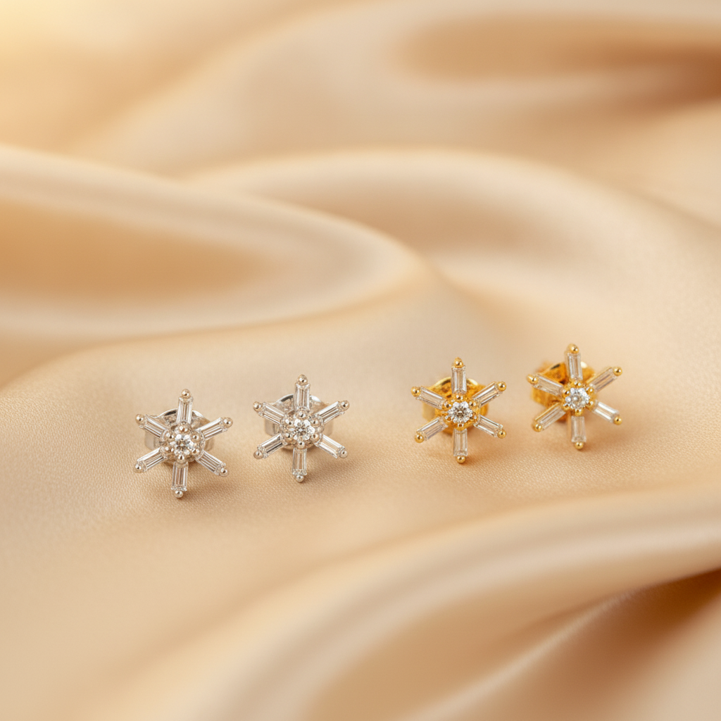 EFD53686. 14K Solid Gold Flower Diamond Studs