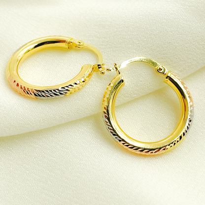 GER77. 14K Tri-Color Gold Diamond-Cut Hollow Hoop Earrings