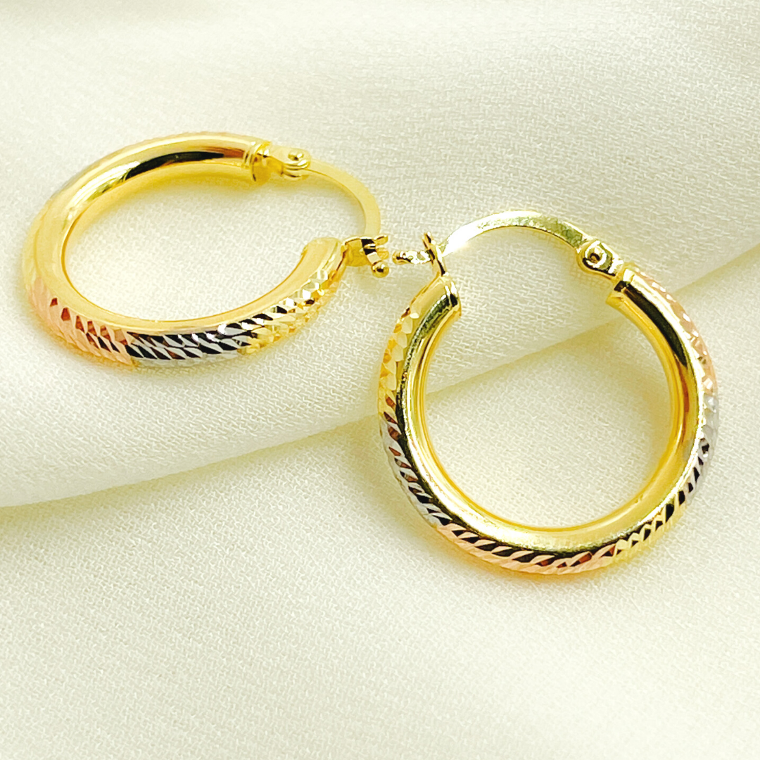 GER77. 14K Tri-Color Gold Diamond-Cut Hollow Hoop Earrings