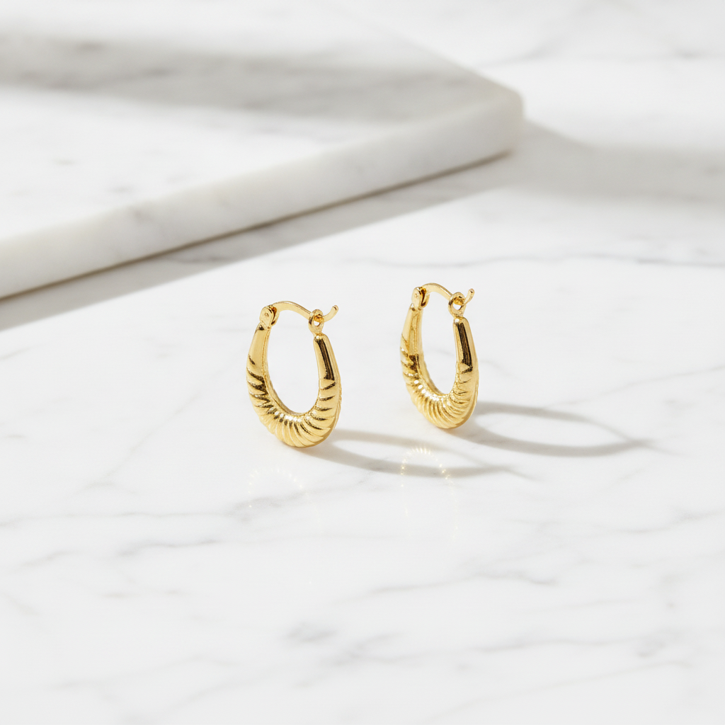 GER177. 14K Solid Gold Croissant Hoops